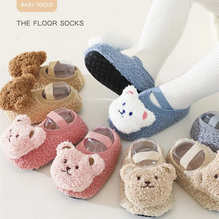 Cartoon Bear Baby Shoes Winter Thick Warm Newborn Shoes Non-slip Soled Soft Plush Toddler Kids Boy Girls Infant First Walkers