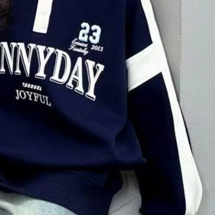 Spring and Autumn Children's Letter Printed Loose Casual Polo Shirt Children's Button Collar Splicing Long Sleeve Top