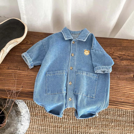 Korean Style Spring Autumn Baby Boy and Girl Romper Newborn Denim Open Button Single Breasted Lapel Casual Jumpsuit H90100
