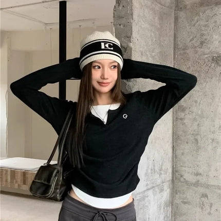 2024 Autumn Winter Long Sleeves Korean Fashion Style O-neck T-shirt For Women Fake Two-Piece T-shirts Ladies Top Tee Clothes