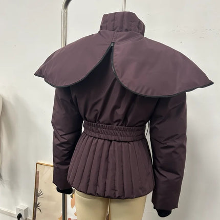 Women Peplum Ski Jackets Hooded Stand Collar Belt Waist Zipper Solid Puffer Jacket Fashion Sheath Warm Sport Winter 2025 Skiwear