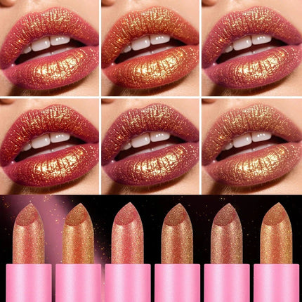 6 Colors Quicksand Golden Lipstick Fine Glitter Lipstick Moisturizing Silky Mermaid Aureate Long-Lasting Waterproof Lip Makeup
