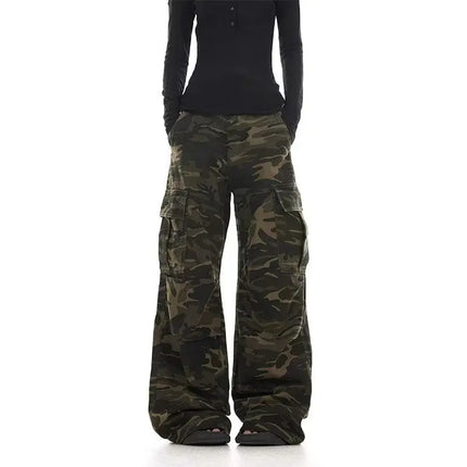 American retro washed design camouflage work pants for men and women, loose straight leg multi pocket wide leg casual paratroope