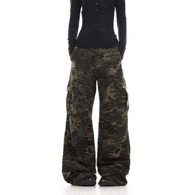 American retro washed design camouflage work pants for men and women, loose straight leg multi pocket wide leg casual paratroope