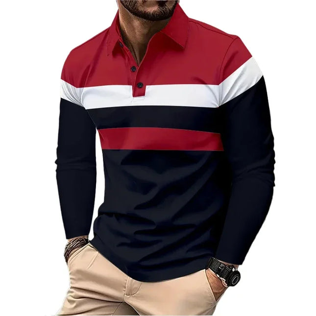 New Men's Long Sleeved Lapel Breathable Polo Shirt Plus Size Man Basic-Style Fashion Patchwork Tops Fall Men Clothing Golf Wear