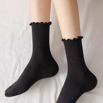 Cotton Socks for Women Girls Ruffle Top Solid Color Spring Autumn Breathable Soft Mid-calf Sock 1 Pair or 2 Pairs