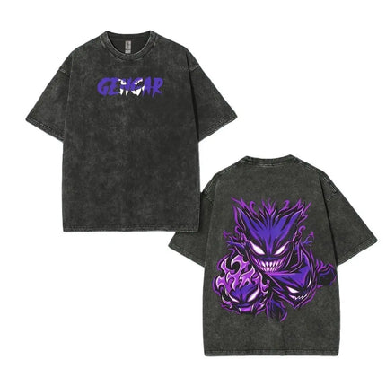 Pokemon Gastly Haunter Gengar T Shirt Men 2026 Summer Vintage Acid Wash Oversized Tee Japanese Anime Streetwear Hip Hop Harajuku
