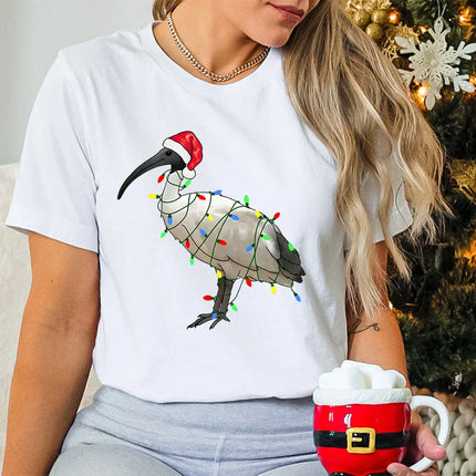 Womens Christmas T-shirt Festive Bin Chicken Graphic Print Tees Trendy Christmas Chicken Printed Women Fashion Casual T-shirts
