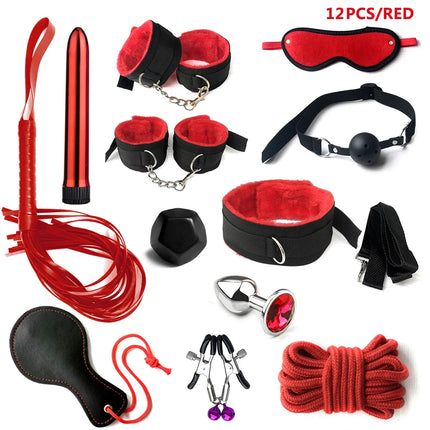 BDSM Sex Kits Bdsm Bondage Adults Sex Toys For Women Men Handcuffs Nipple Clamps Whip Spanking Sex Metal Anal Plug Vibrator Butt