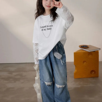 Fake Two Piece Lace Girls Clothes 11 To 12 Years Children's Clothing From 10 Korean Kids 7 T Shirt Outdoor T Shirts Top Girl 8 4