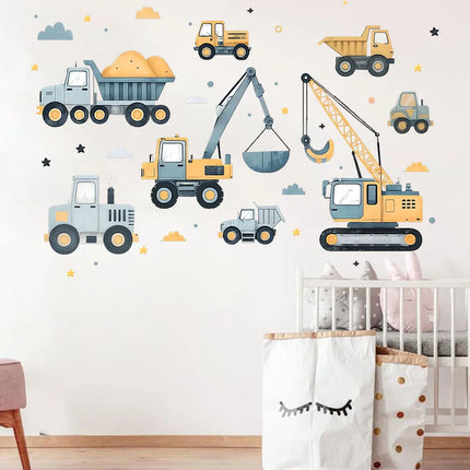 Cartoon Excavator Vehicles Set Car Wall Sticker Playroom Building Construction Crane Truck Wall Decal for Baby Room Decoration