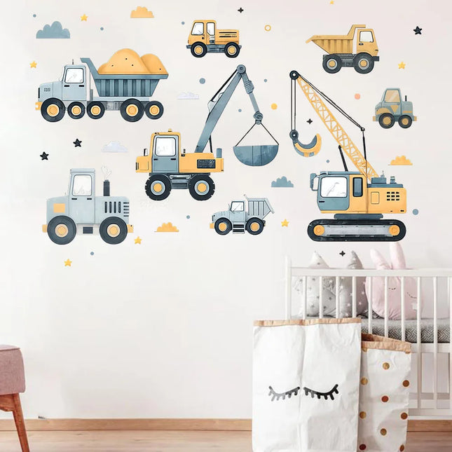 Cartoon Excavator Vehicles Set Car Wall Sticker Playroom Building Construction Crane Truck Wall Decal for Baby Room Decoration