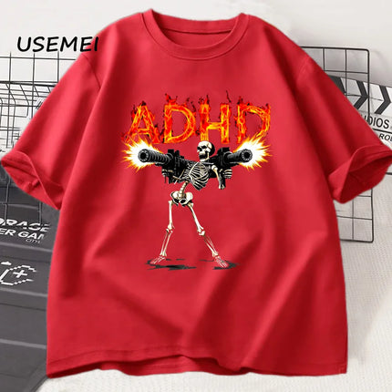 ADHD Skeleton Meme T Shirts for Men Casual Cotton Short Sleeve Tees Streetwear Loose Fashion Skull Graphis T Shirts Streetwear