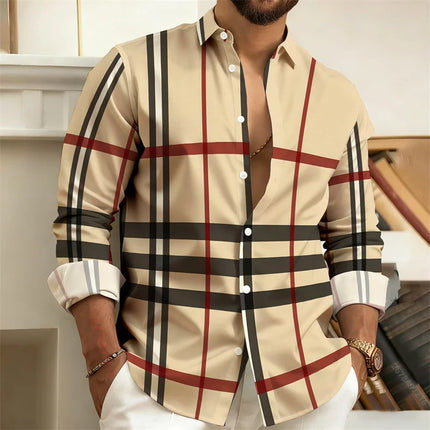 Best-Selling Men's 3D Printed Plaid Long-Sleeved Shirt, Fashionable Men's Shirt, Outdoor Casual Street Style Shirt, Sizes S-6XL