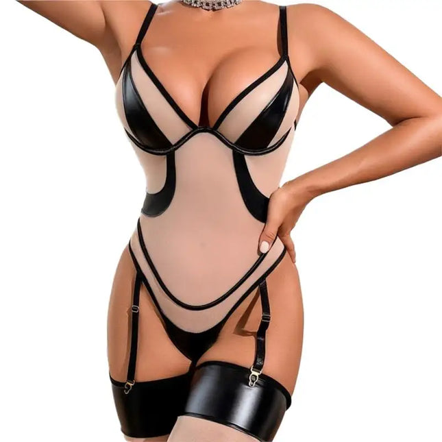 Sexy Mesh Garter Belt Lingerie Set Women See Through with PU Leather Push Up Bra Stocking Erotic Costumes Sexy Outfits