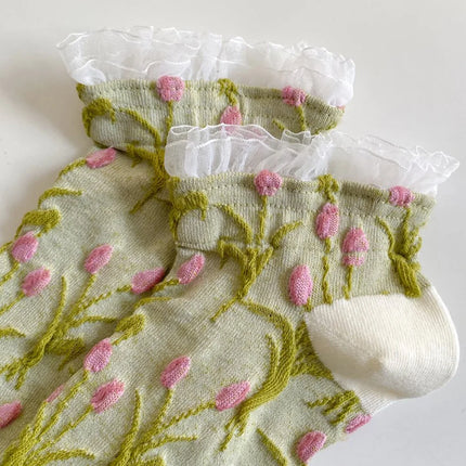 5 Pair Sweet Cute 3D Stereoscopic Flower Women's Socks Set Fashion Lace Edge Short Socks Spring Summer New Woman Streetwear