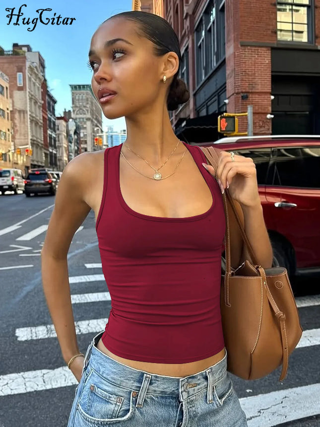 Hugcitar 2025 Summer Solid Straps Sexy Slim Crop Tank Top Women Casual Y2K Clothes Streetwear Party Sport Festivak Wholesale