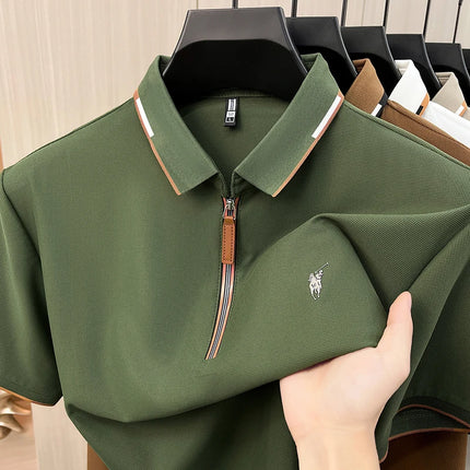 Men's Contrasting Striped Lapel Short Sleeved T-shirt, Summer Dad Outfit, New Cool POLO Top