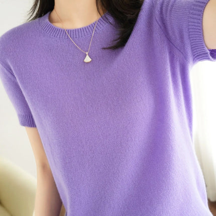 Summer New Women's Knitted Short Sleeve T-shirt Thin Wool Cashmere Short Sleeve Loose Fit Round Neck Top Outerwear Straight Cut