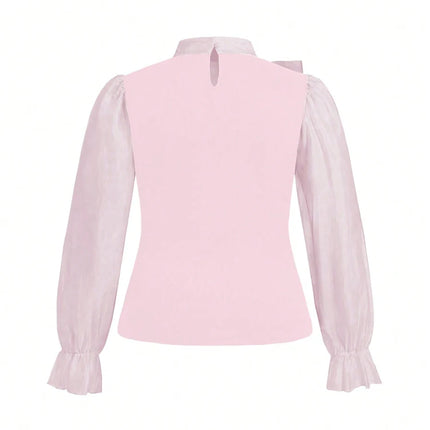 Plus Size Women's Elegant Contrast Bow Tie Long Sleeve A-Line Office Work Shirt Business Pink Black Brown Best for Spring