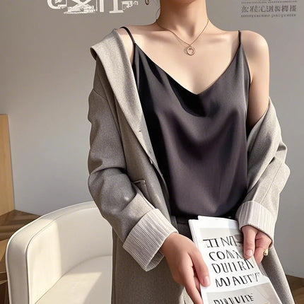 2026 Spaghetti Strap Top Women Halter V Neck Basic White Cami Sleeveless Satin Silk Tank Tops Women's Summer Camisole Crop Top