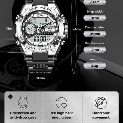 LIGE Men Military Watch Digital 50m Waterproof Wristwatch LED Quartz Clock Sport Watch Male Big Watches Men Relogios Masculino