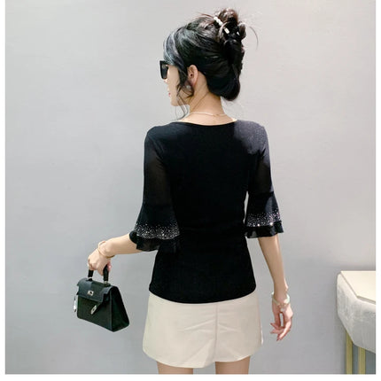 2025 Spring Summer Mesh Tops Korean Fashion Diamond T Shirt Slim 3/4 Sleeve Hollow Out Casual Women Shirt