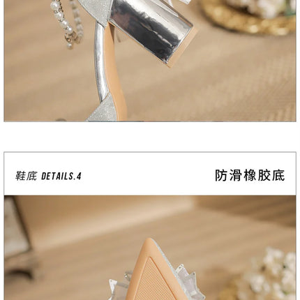 Spring Pointed Toe Party Wedding Shoes for Women, Bride Bow Thick Heel Silver Sequin Fairy Lolita Style Single Shoes