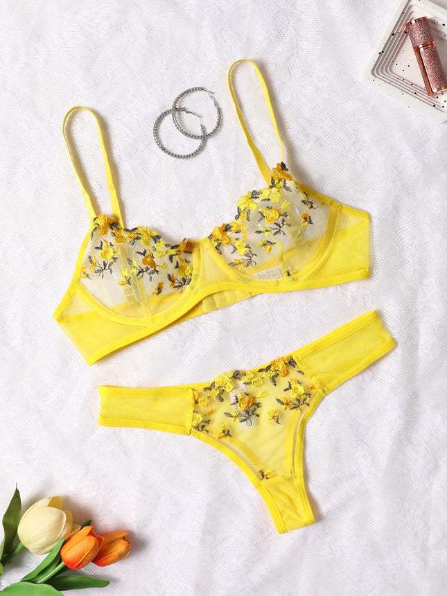 Women's Sexy Lace Push-Up Lingerie Bra and Panty Set Female Underwear Flower Embroidery Bralette Set