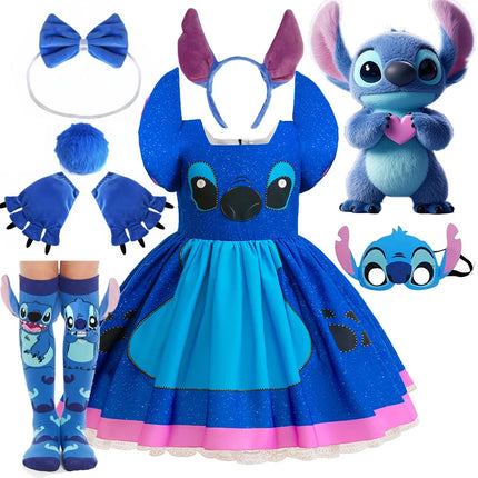 Lilo Stitch Dress Girls Disney Stitch Cartoon RolePlay Carnival Costume 2-10 Yrs Kids Cartoon Printing Halloween Party Outfits