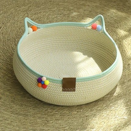 Durable 2-in-1 Cat Scratcher & Bed + Colorful Balls. Space-saving, natural style for cats & small dogs.