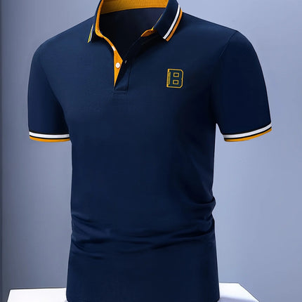 Men's Summer Short-sleeved Polo Shirt with A Collar and Contrasting Color Stripes - Fashionable and Casual Attire