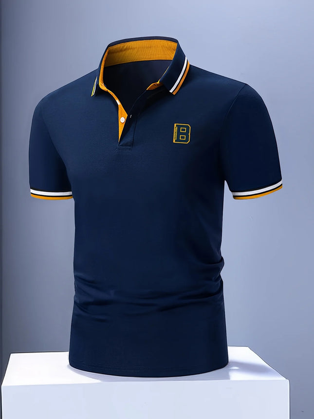 Men's Summer Short-sleeved Polo Shirt with A Collar and Contrasting Color Stripes - Fashionable and Casual Attire