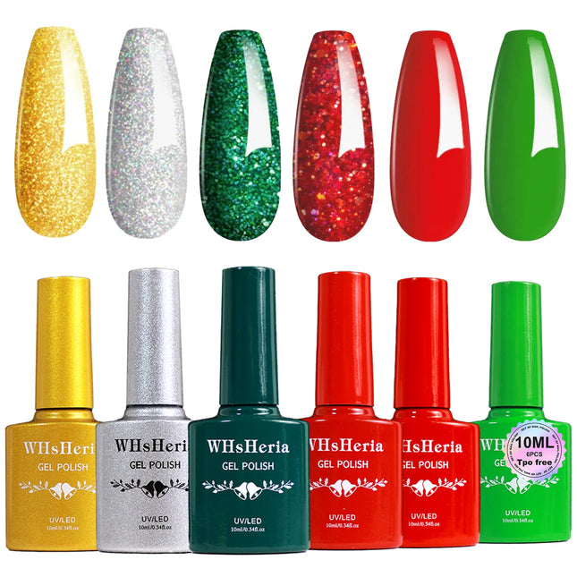 Christmas Gel Nail Polish Set, 6 Colors Sparkle Glitter Gold Silver Gel Polish  New Year Day Gifts for Ladies