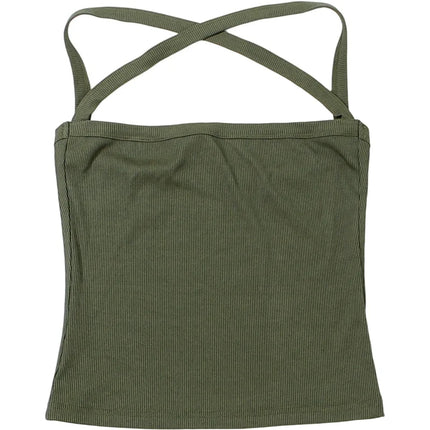 Green Thread Casual Tank Tops Woman Low-Neck Cross Strap Sleeveless Backless Crop Top Hot Girls High Street Classic Slim Fit Top