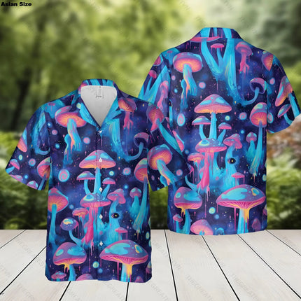 Cartoon Mushroom Hawaiian Shirt For Men Women Tops, Trippy Funny Psychedelic Aesthetic Shirts, Mushroom Button-Up Short Sleeve