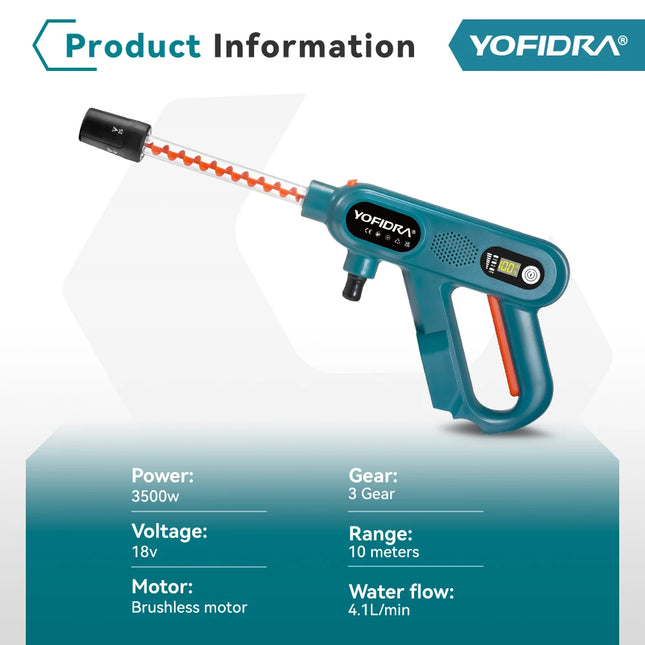 YOFIDRA 3500W Brushless High Pressure Car Washer Gun 220Bar 3 Gears Electric Washing Water Spray Gun For Makita 18V Battery Pin