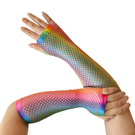 Fishing Net Glove Rainbow Glove Neon Party Punk Half Finger Glove Nightclub Sexy Net Eye Long Glove
