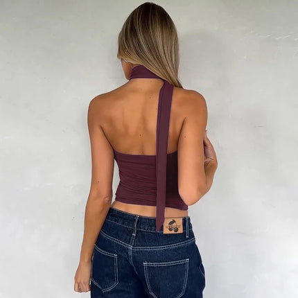 Hugcitar Women Elegant Halter Scarf Strapless Ruched Solid Sexy Slim Crop Tank Top 2025 Summer Casual Clothes Streetwear Party