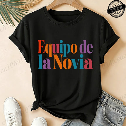 Women's Casual Short Sleeve T-Shirt Spanish Girl Bachelorette Party Graphic T-Shirts- Black White, Medium Stretch Round Neck