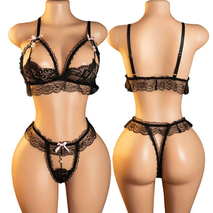 New Pearl Bra Lingerie Set Fancy Undies Erotic Costume Women Porn Kit Hot Thong With Beads Female Underwear Crotchless Seductive