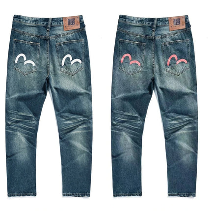 Japanese Handmade Embroidered Jeans Men's Pure Cotton Straight Tube Hip-Hop Popular Slim Red Ears Show Thin Trousers Devil Big M