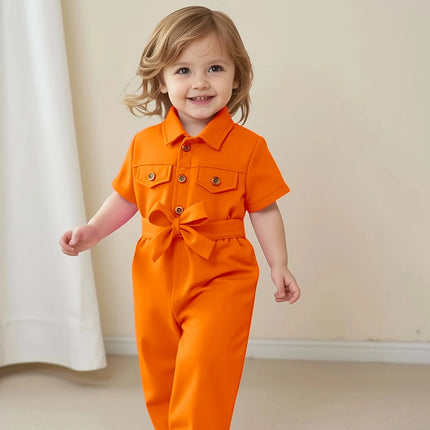 Cute Baby Girl Summer Short-Sleeved One-Piece Outdoor Casual Simple One-Piece Pants + Belt 2-Piece Set
