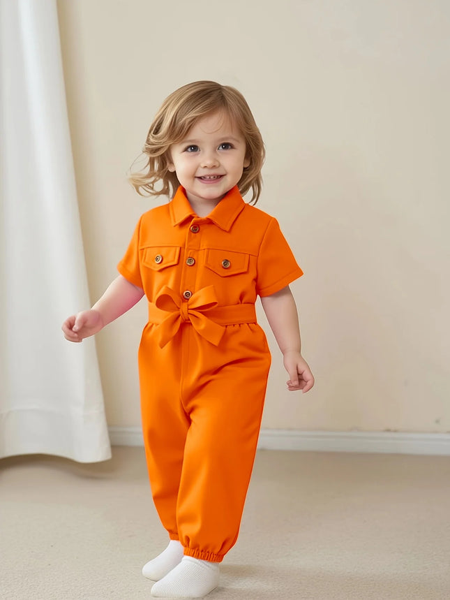Cute Baby Girl Summer Short-Sleeved One-Piece Outdoor Casual Simple Bodysuit + Belt 2-Piece Set