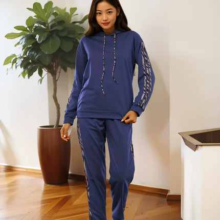 2-Piece Drawstring Hooded Trousers Suit Leopard Print Casual Long Sleeve Tracksuit Solid Casual Pullover Sweatshirt and Pants Set