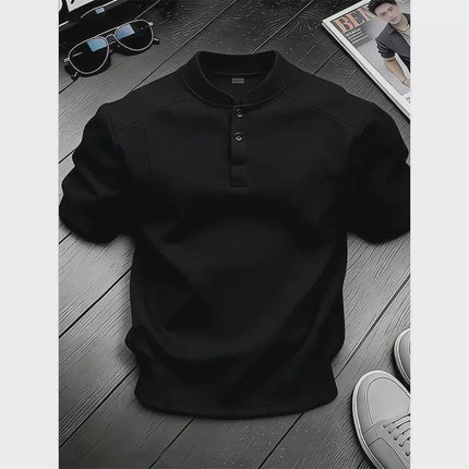 White Henry Collar  Shirt Men's Summer Splice Design Short Sleeve Cleanfit Heavyweight Half Sleeve Business Casual T-Shirt