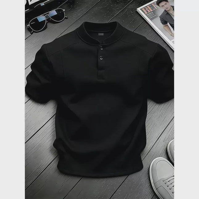 White Henry Collar  Shirt Men's Summer Splice Design Short Sleeve Cleanfit Heavyweight Half Sleeve Business Casual T-Shirt