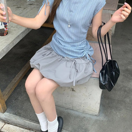 Blue Striped Drawstring Tie Women's Shirt Summer New Style French Stripe Design Modified Version Round Neck Sleeveless Dress