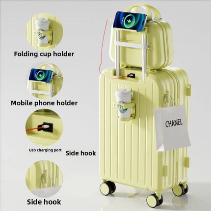 20 Inch Multifunction Large Capacity Luggage Business Carry on Boarding USB Charging Cup Holder 360° Spinner Wheels Suitcase