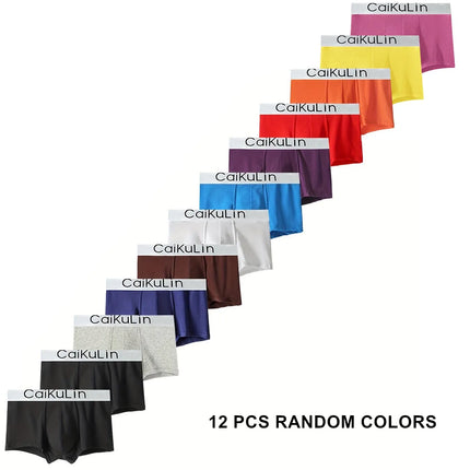 12 Pieces of Randomly Mixed Color Fashionable Men's Underwear, Comfortable Solid Color Mid-Waist Sports Boxer Briefs